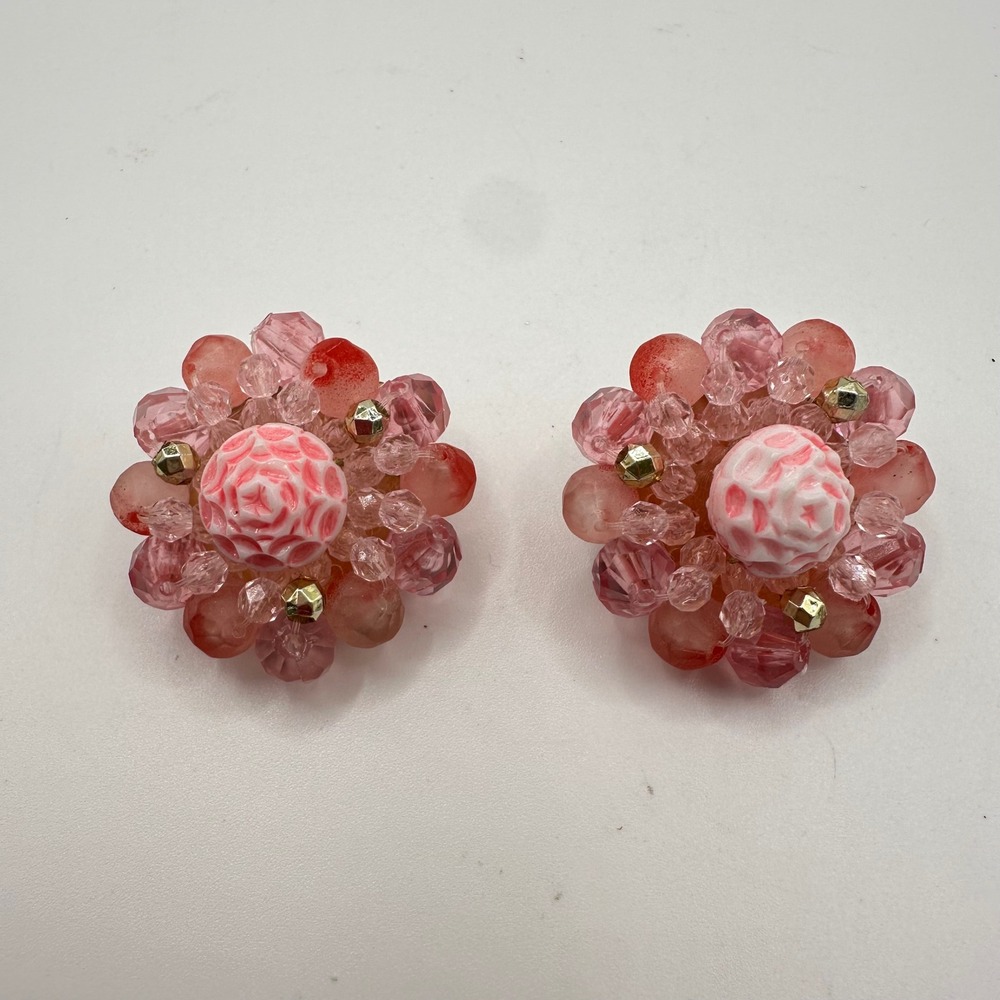 Vintage W Germany Pink Red Beaded Cluster Clip On Earrings Floral Mid Century